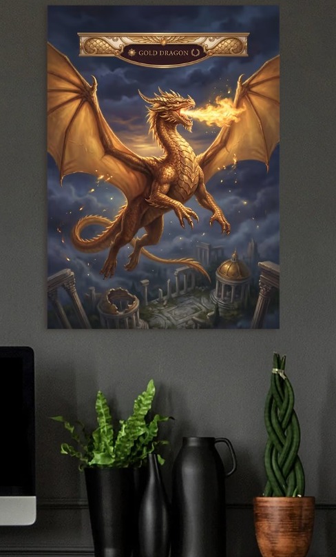 Gold Dragon Breathing Fire — metal poster wall art by Lineer