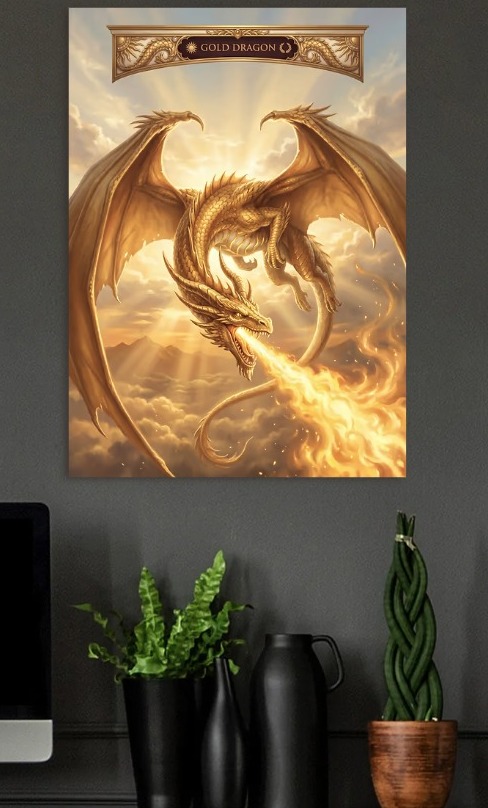 Golden Dragon Breathing Fire — metal poster wall art by Lineer