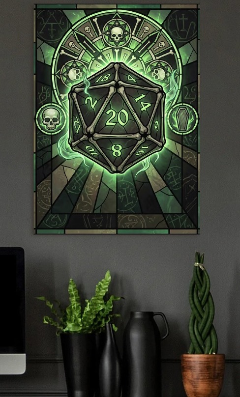 Gothic D20 Dice with Skulls and Bones — metal poster wall art by Lineer