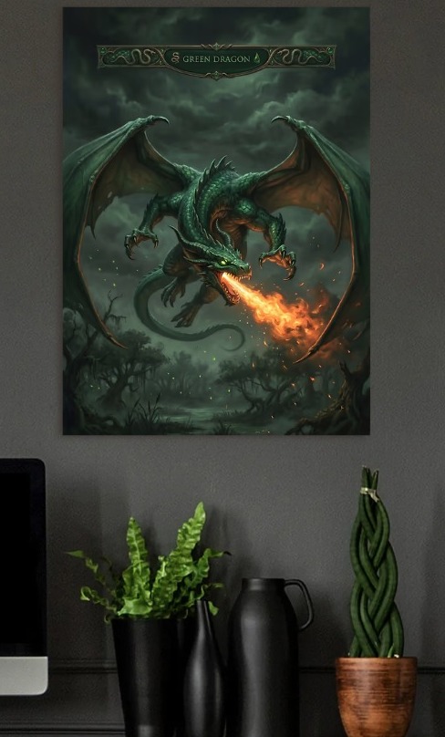 Green Dragon Breathing Fire — metal poster wall art by Lineer