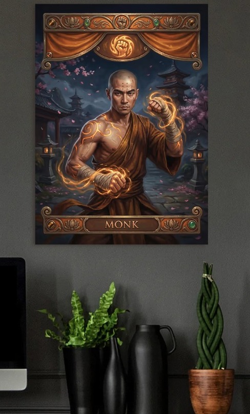 Monk with glowing energy — metal poster wall art by Lineer