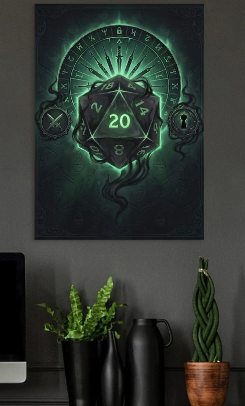 Mystical D20 Dice with Runes and Symbols — metal poster wall art by Lineer