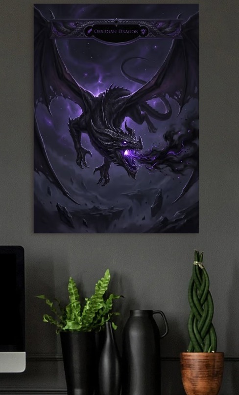 Obsidian Dragon Breathing Fire — metal poster wall art by Lineer