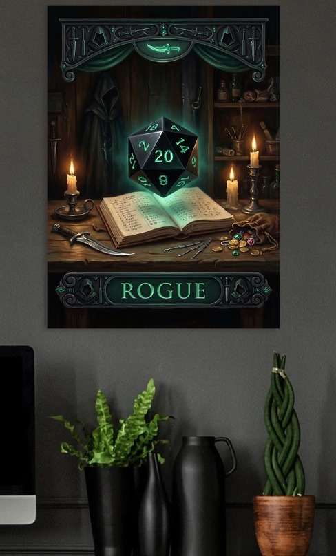 Rogue D20 Dice and Dagger — metal poster wall art by Lineer