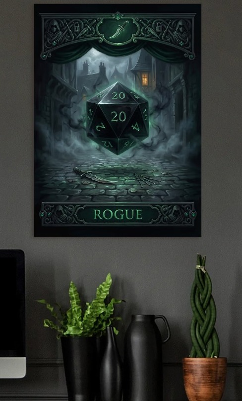 Rogue D20 Dice in a Dark Alley — metal poster wall art by Lineer