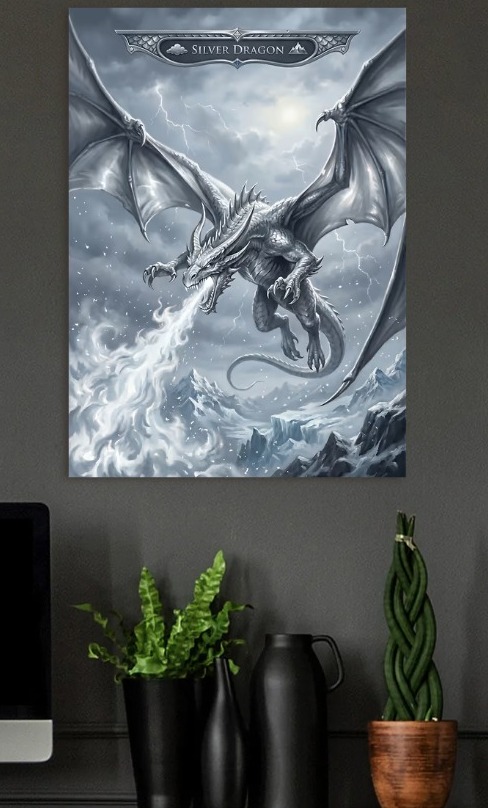 Silver Dragon Breathing Fire — metal poster wall art by Lineer