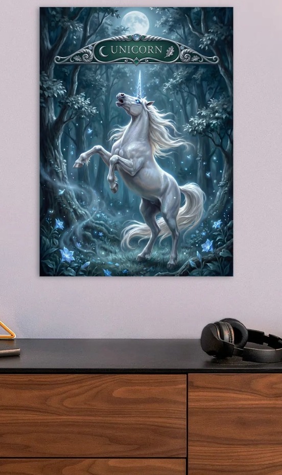 Unicorn in a Magical Forest — metal poster wall art by Lineer