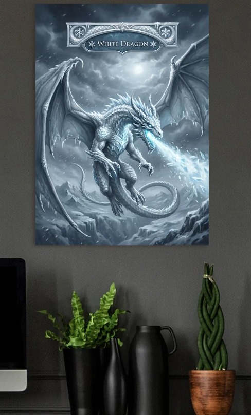 White Dragon Breathing Ice — metal poster wall art by Lineer