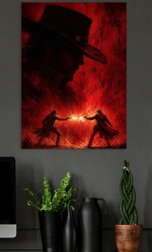 Cowboy Duel in Red — metal poster wall art by Lineer