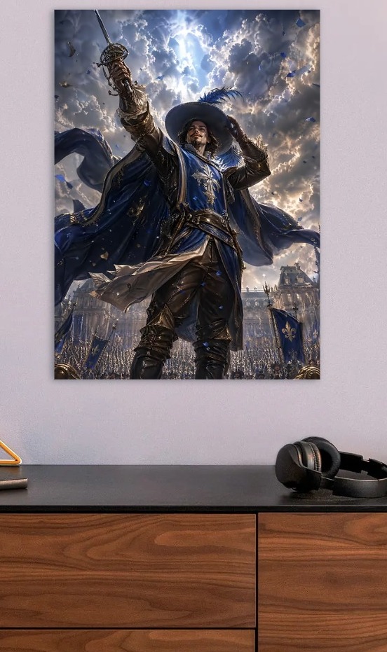 Musketeer with Sword and Blue Cape — metal poster wall art by Lineer