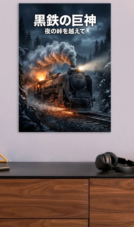 Steam Train in Snowy Mountains — metal poster wall art by Lineer