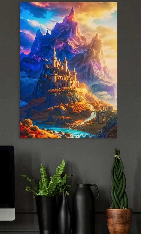 Sunlit Castle of the Mystic Peaks — metal poster wall art by Lineer