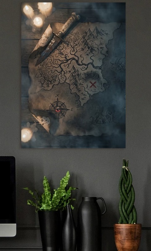 Treasure Map with Knife and Compass — metal poster wall art by Lineer