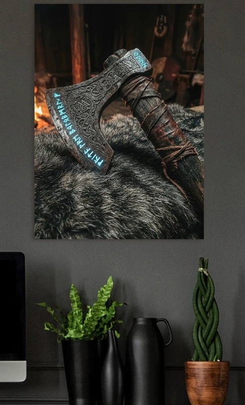 Viking Axe with Runes — metal poster wall art by Lineer