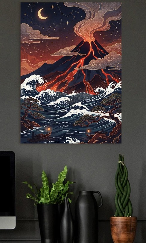 Volcano Erupting into the Night Sea — metal poster wall art by Lineer