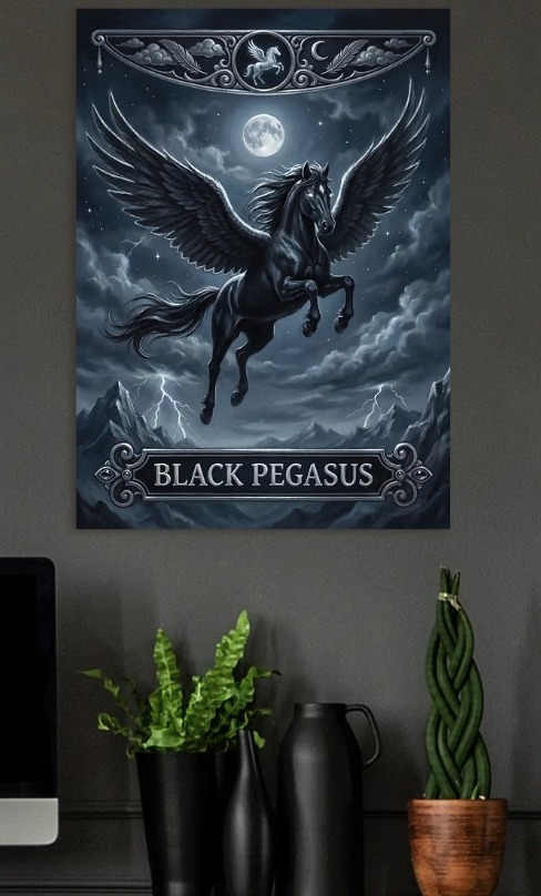 Black Pegasus in a Stormy Night — metal poster wall art by Lineer