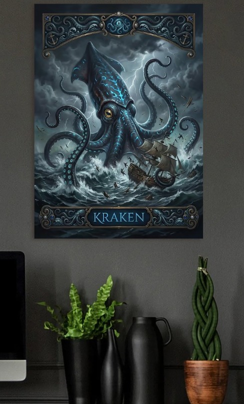 Kraken Attacking a Ship — metal poster wall art by Lineer