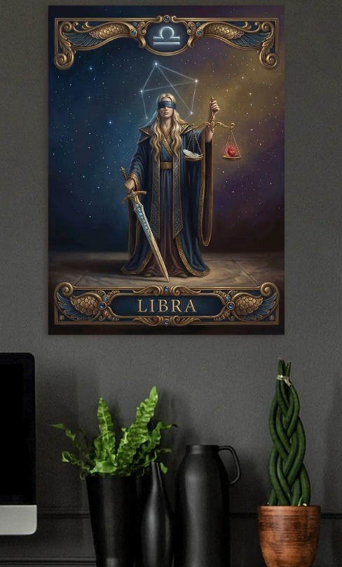 Libra Zodiac Goddess with Scales and Sword — metal poster wall art by Lineer