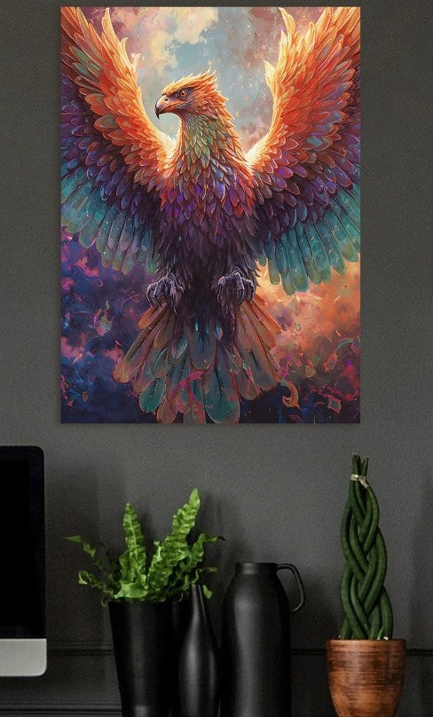 Majestic Phoenix with Fiery Wings — metal poster wall art by Lineer
