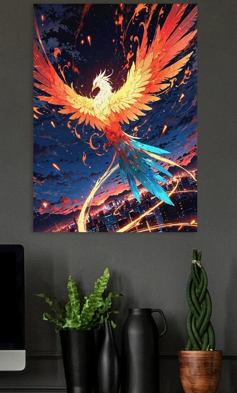 Phoenix Rising Over Cityscape — metal poster wall art by Lineer