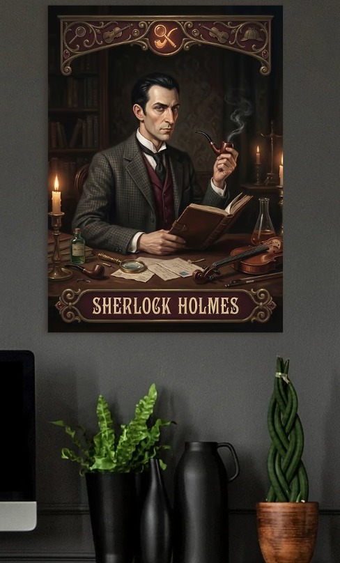 Sherlock Holmes with Pipe and Book — metal poster wall art by Lineer