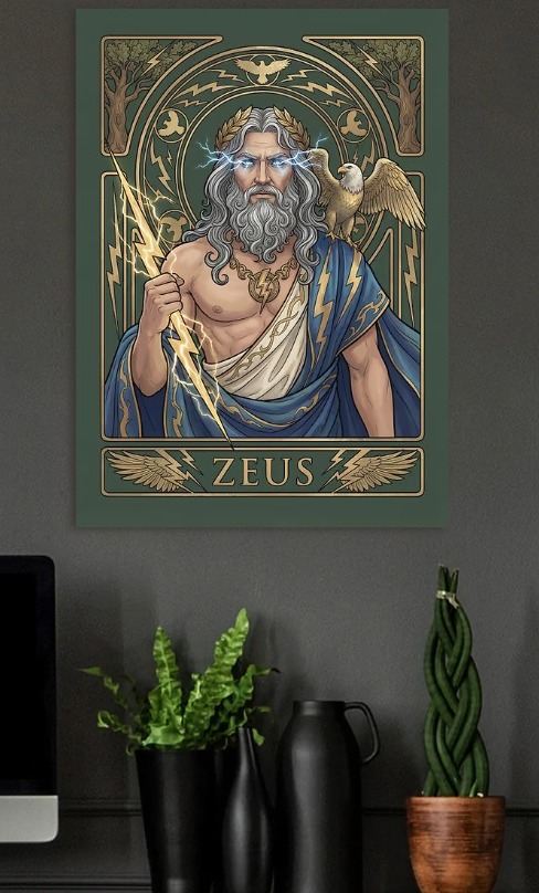 Zeus with Lightning and Eagle — metal poster wall art by Lineer