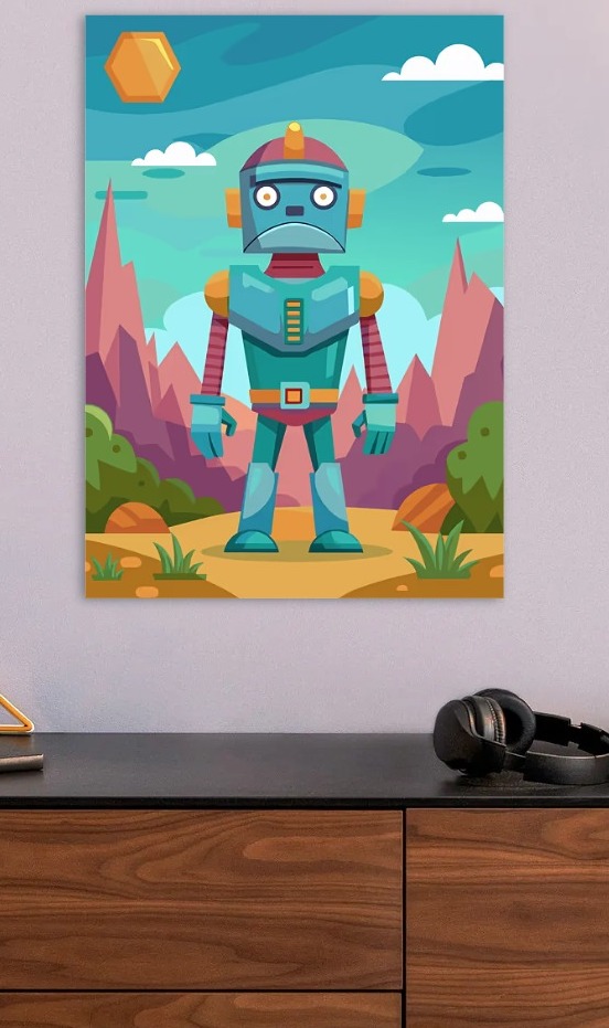 Sad Robot in a Pixelated Landscape — metal poster wall art by Lineer