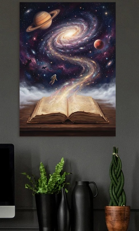 Astronaut Emerging from a Book into Space — metal poster wall art by Lineer