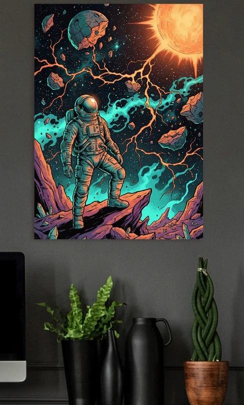 Astronaut on Alien Planet with Sun and Aurora — metal poster wall art by Lineer