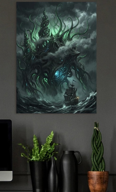 Cosmic Horror and Ship in Storm — metal poster wall art by Lineer