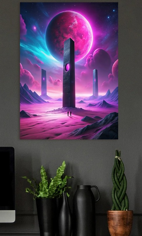 Monoliths on Alien Planet with Pink Moon — metal poster wall art by Lineer
