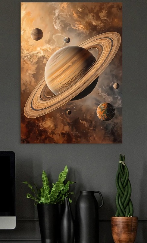 Saturn in the Cosmic Drift — metal poster wall art by Lineer