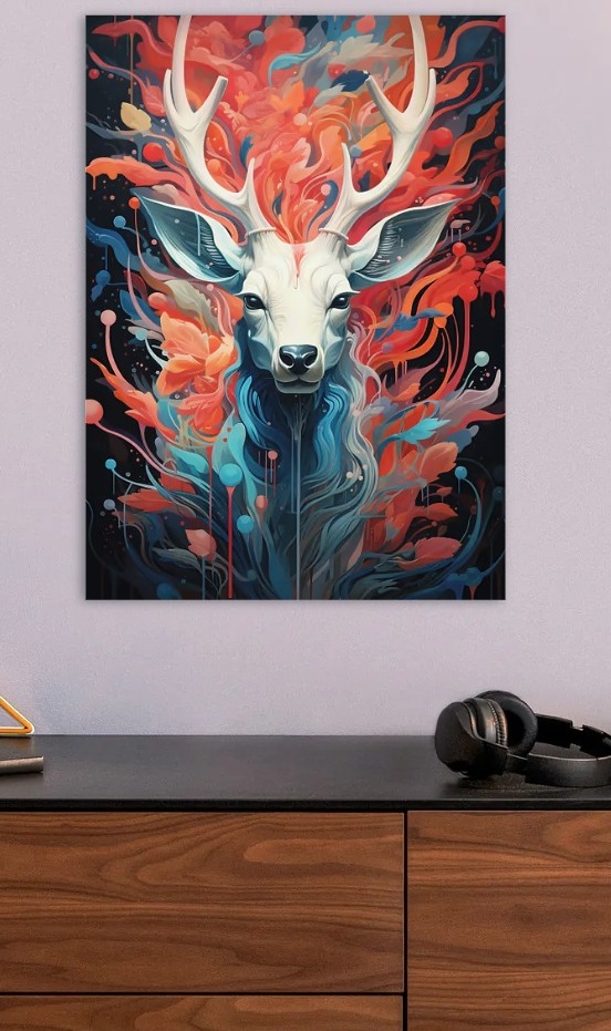 Abstract Deer Portrait with Floral Elements — metal poster wall art by Lineer
