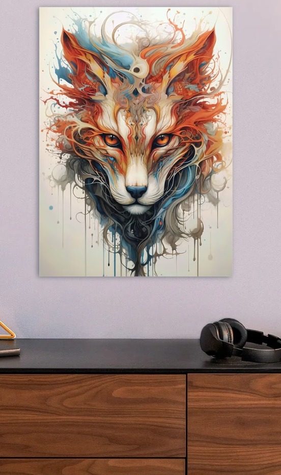 Abstract Fox Portrait with Watercolor Effects — metal poster wall art by Lineer