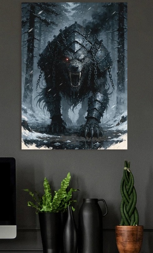 Armored Wolf in Snowy Forest — metal poster wall art by Lineer