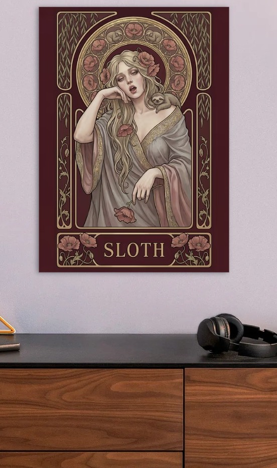 Art Nouveau Sloth Woman with Poppies — metal poster wall art by Lineer