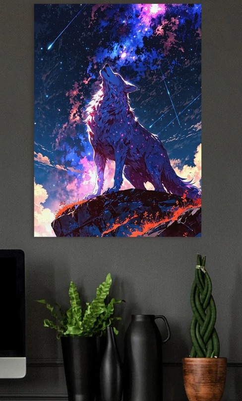 Celestial Wolf Howling Beneath the Stars — metal poster wall art by Lineer