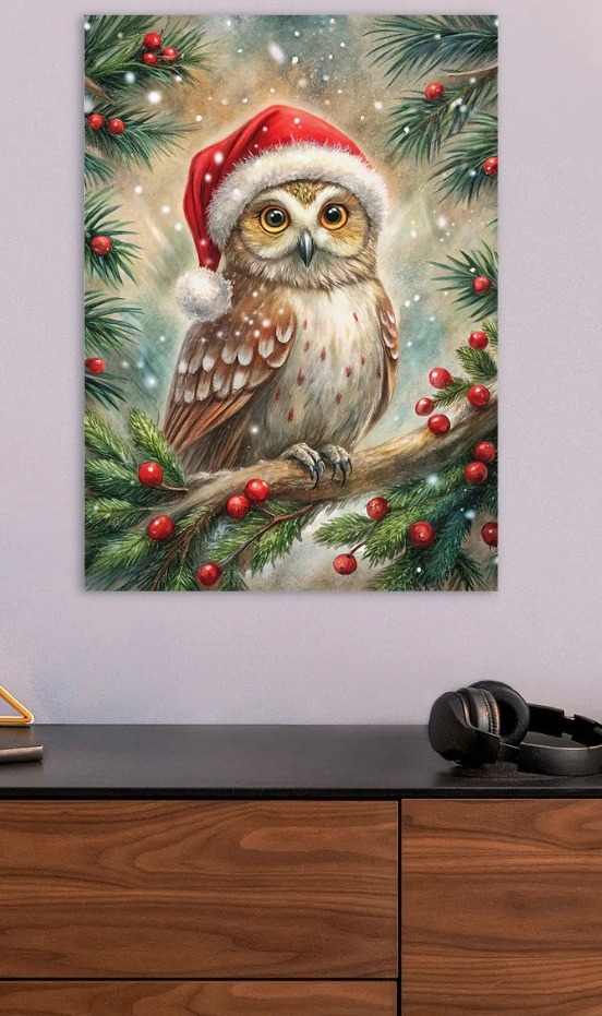 Christmas Owl with Santa Hat — metal poster wall art by Lineer