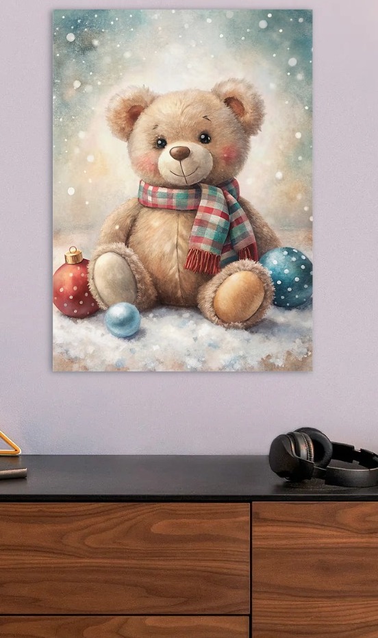 Christmas Teddy Bear with Ornaments — metal poster wall art by Lineer