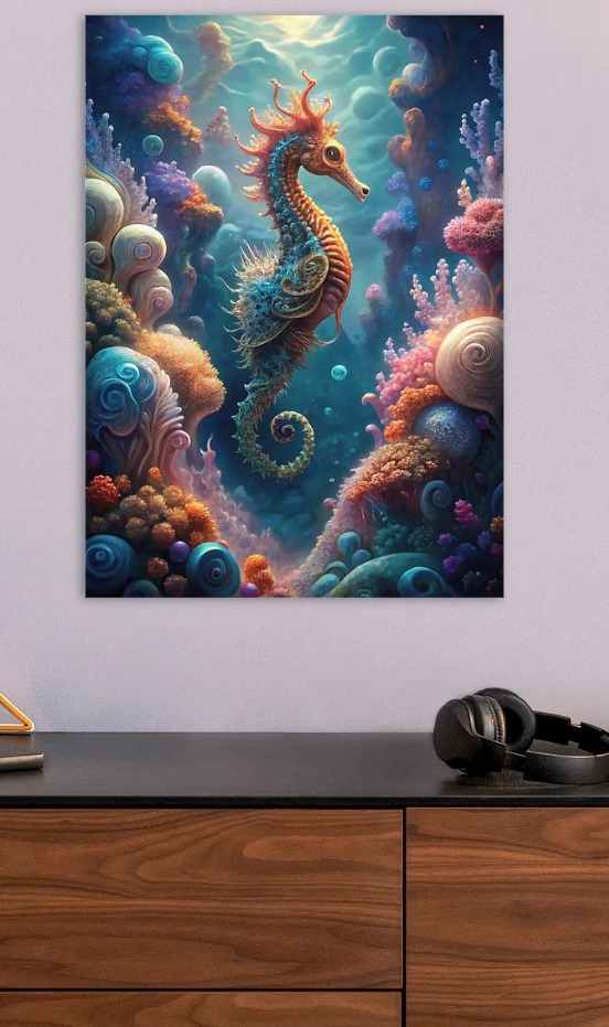 Colorful Seahorse in Coral Reef — metal poster wall art by Lineer
