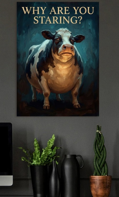 Cow asks Why Are You Staring — metal poster wall art by Lineer