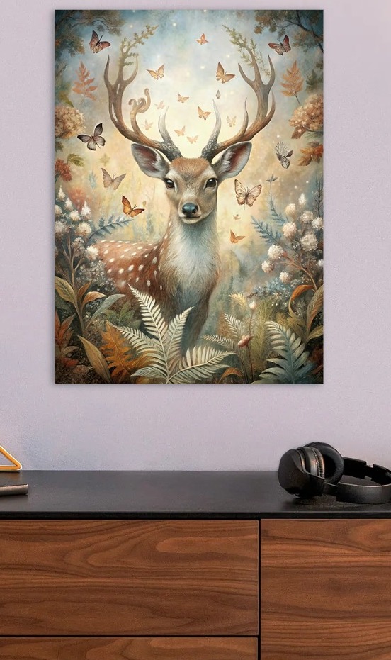 Deer and Butterflies in Forest — metal poster wall art by Lineer