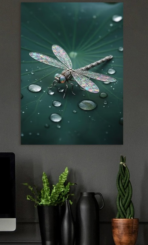 Dragonfly on a Wet Lotus Leaf — metal poster wall art by Lineer