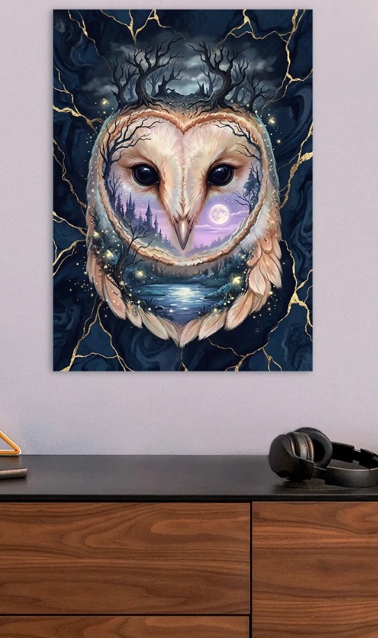 Enchanted Owl Landscape Painting — metal poster wall art by Lineer