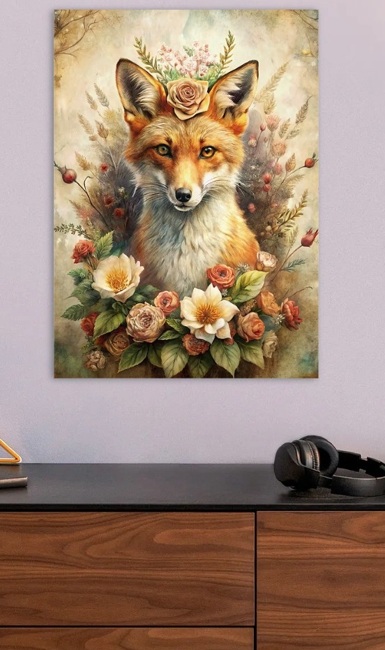 Fox Portrait with Floral Crown — metal poster wall art by Lineer