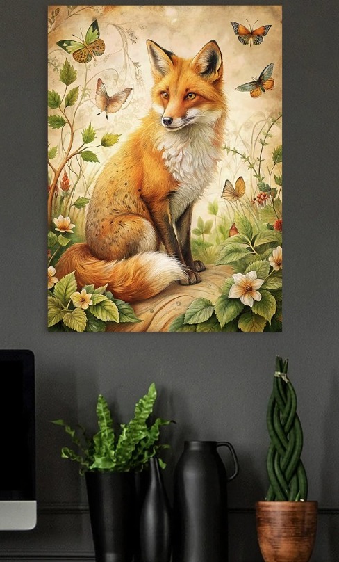 Fox and Butterflies in Nature — metal poster wall art by Lineer