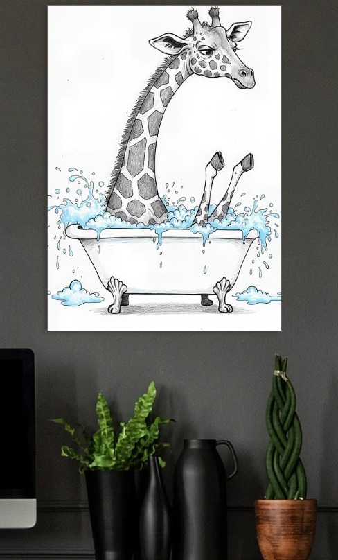 Giraffe in a Bathtub — metal poster wall art by Lineer