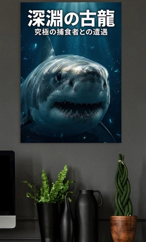 Great White Shark in Deep Ocean — metal poster wall art by Lineer