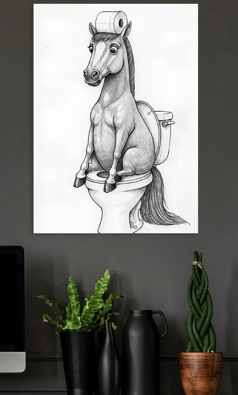 Horse on a Toilet with Toilet Paper — metal poster wall art by Lineer