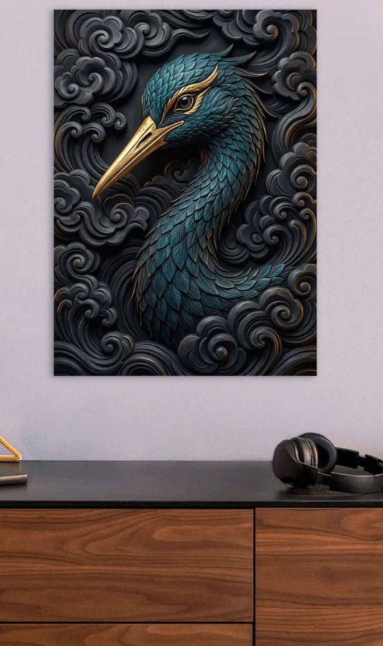 Intricate Teal Gold Bird Sculpture — metal poster wall art by Lineer